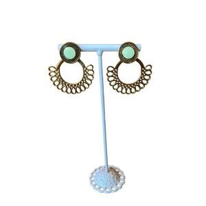 Filigree Hoop Stud Earrings Gold Green